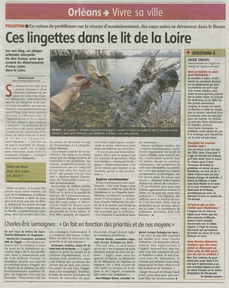 Ces lingettes dans le lit de la Loire, Marion BONNET et Blondine LAMORISSE, La république du Centre Mars 2012